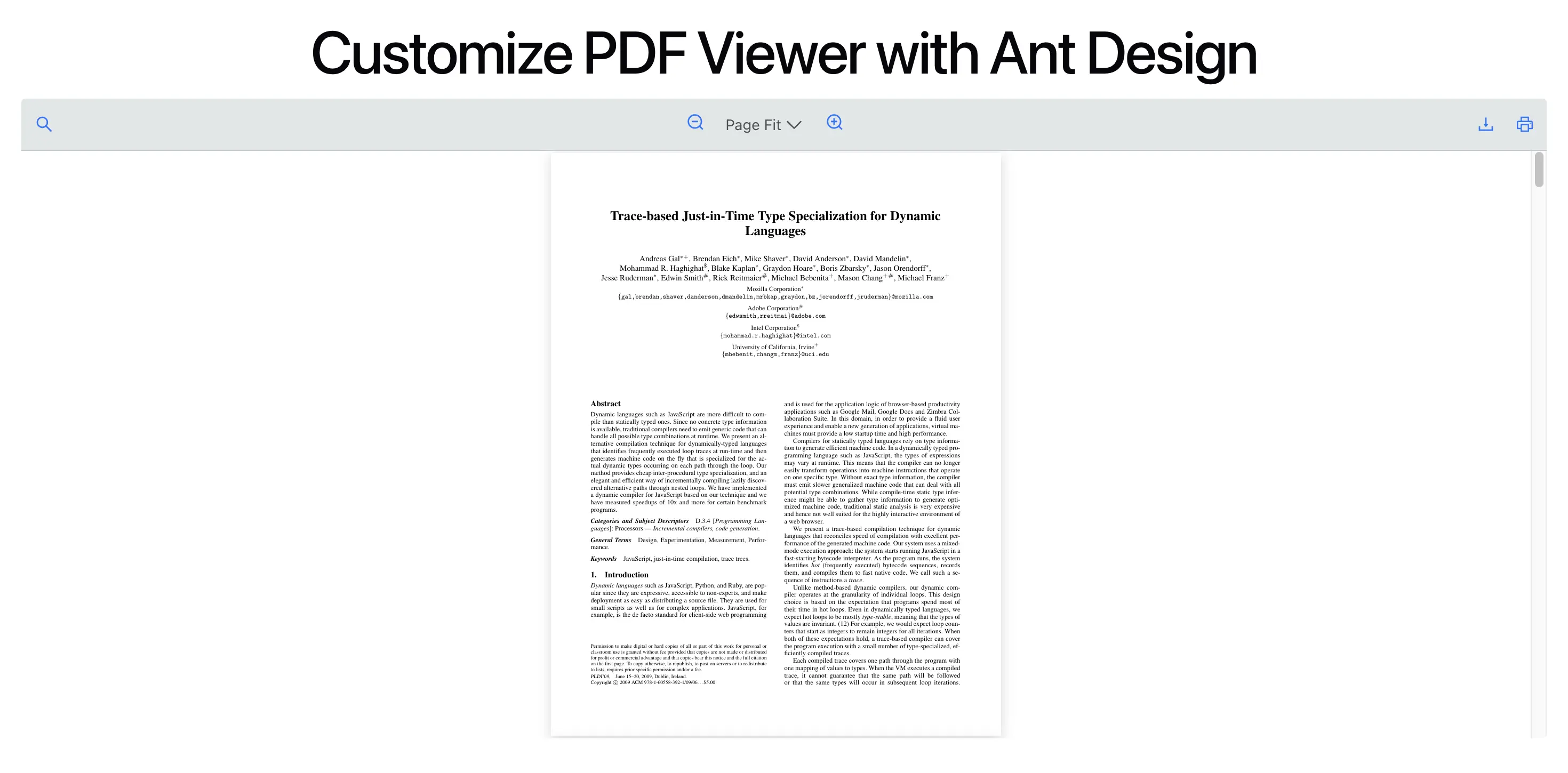 An image of customize pdf toolbar with Ant Design