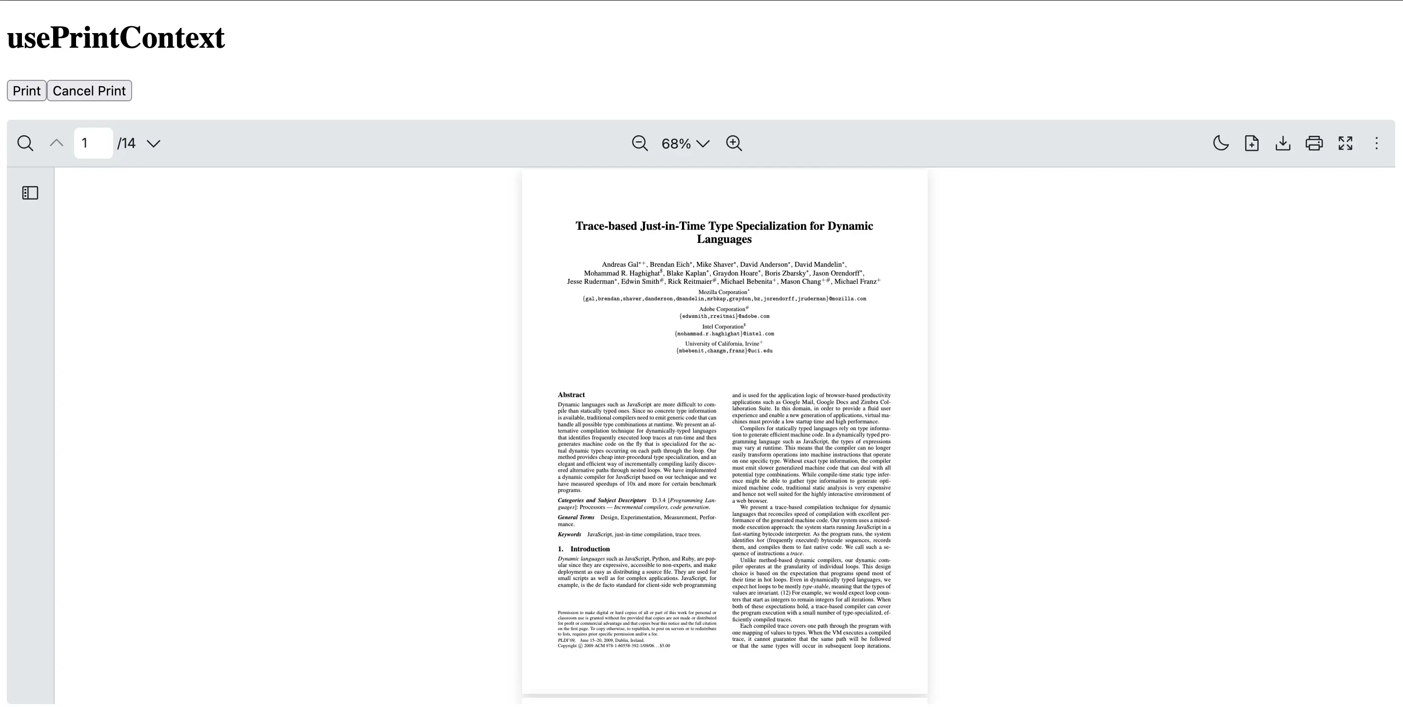 An example of how to use usePrintContext hook